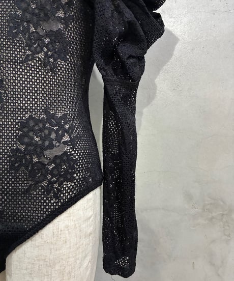 Gathered Puff Sleeve Lace Bodysuit BK