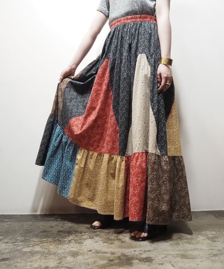 Patchwork Tiered Skirt RE BL