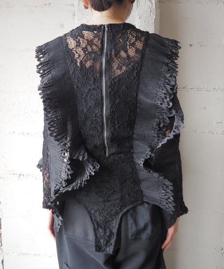 Cutwork Pleated Frill×Lace Bodysuit BK