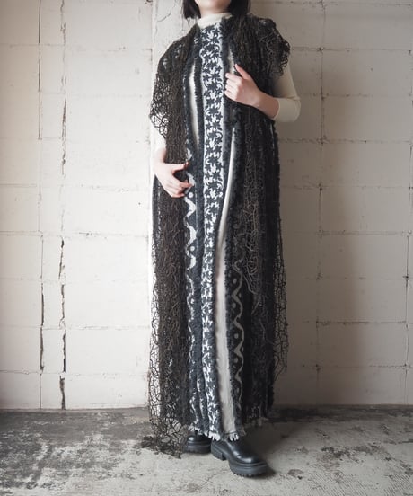 HIROKO KOSHINO Lace Layered Pattern Dress BK WH BR