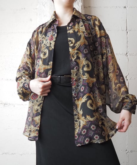 L/S Scarf Pattern Sheer Shirt BKYE