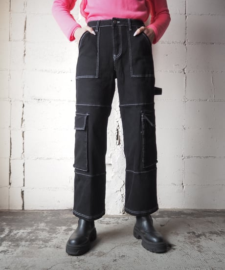 White Stitch Cargo Pants BK