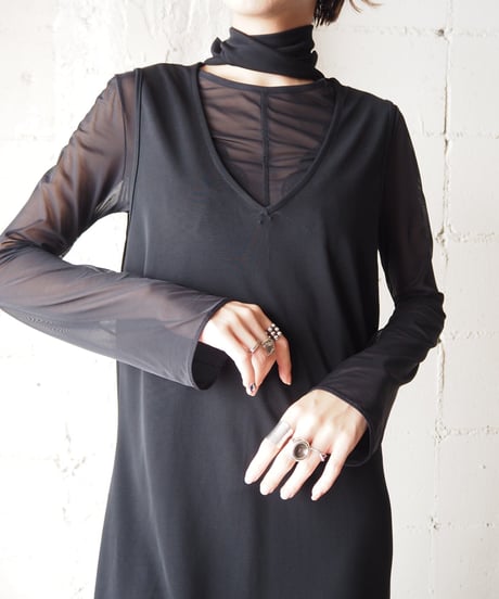 Tie Design Spandex Mix N/S Long Dress BK