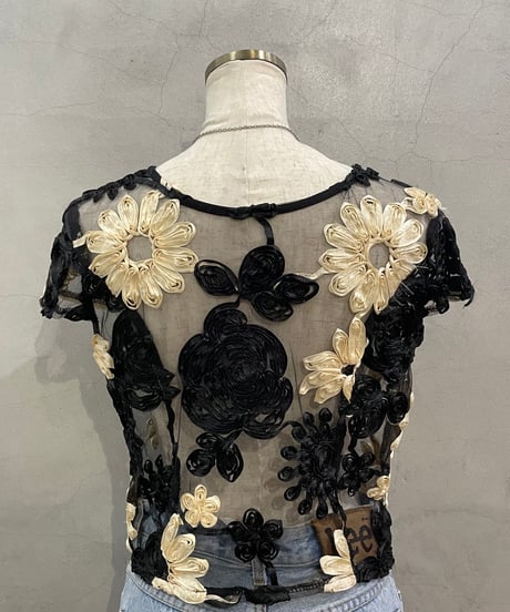 Flower Tape Embroidery s/s Sheer TopsBKBE