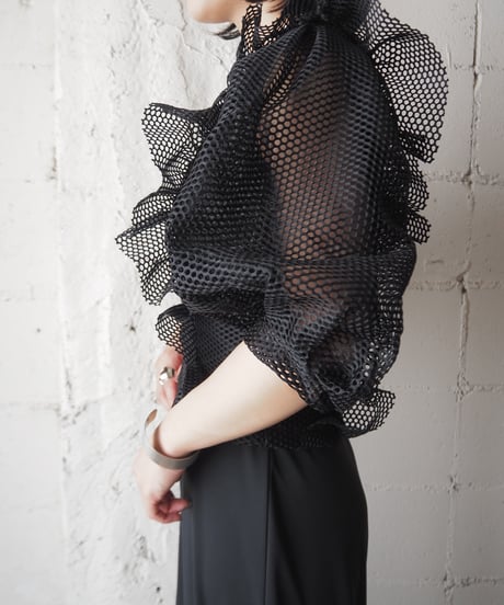 Puff Sleeve Frill Mesh Tops BK