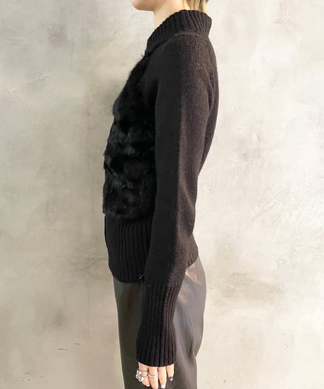 Fur × Rib Knit Zip Cardigan BK