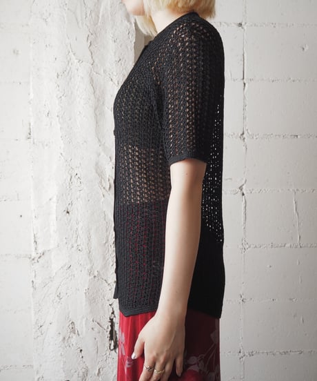 1990's Crochet Crew Neck Short Sleeve Cardigan BK