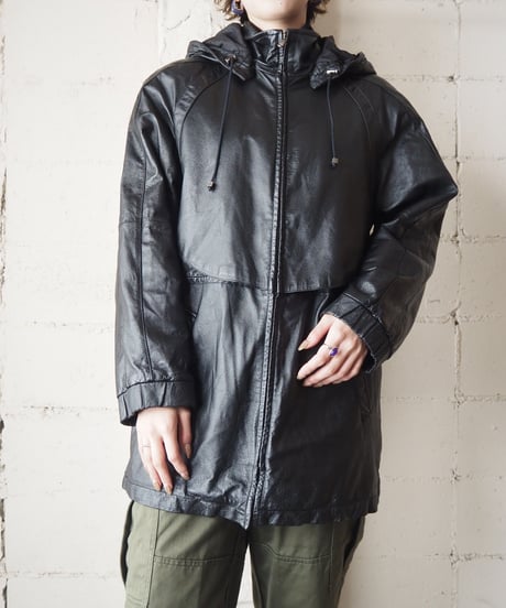 Drawstring Hooded Leather Coat BK