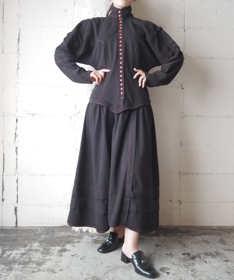 Red Stitch Many Button Stand Collar Dress BK