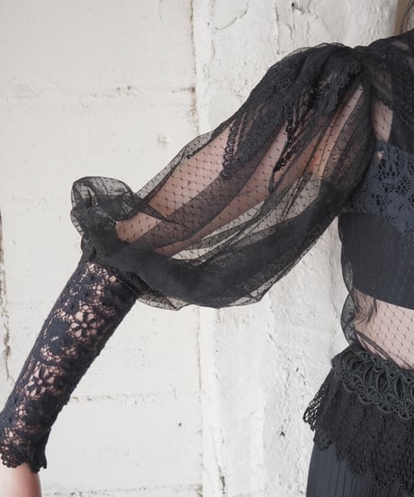 GUNNE SAX Lace×Tulle Volume Sleeve Blouse BK