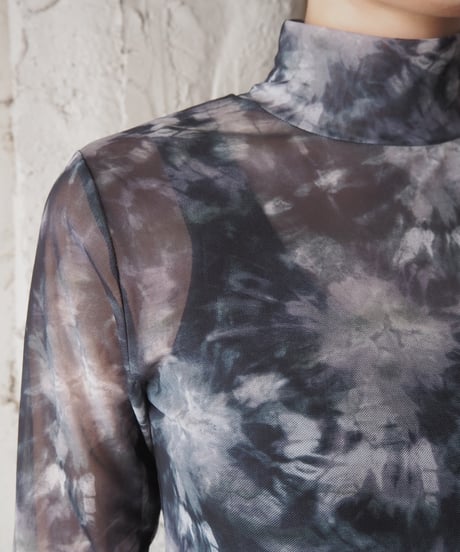 Tie Dye Print Mock Neck Long Sleeve Sheer Cutsewn DGN