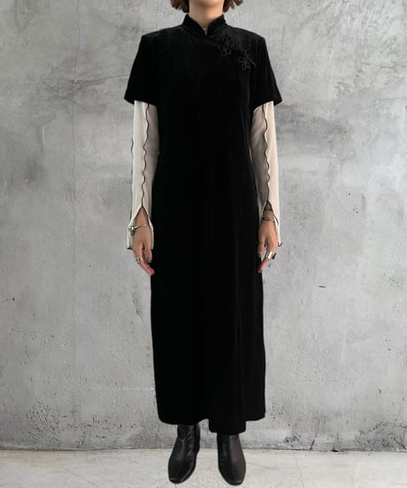 Flower Embroidery S/S Velour China Dress BK