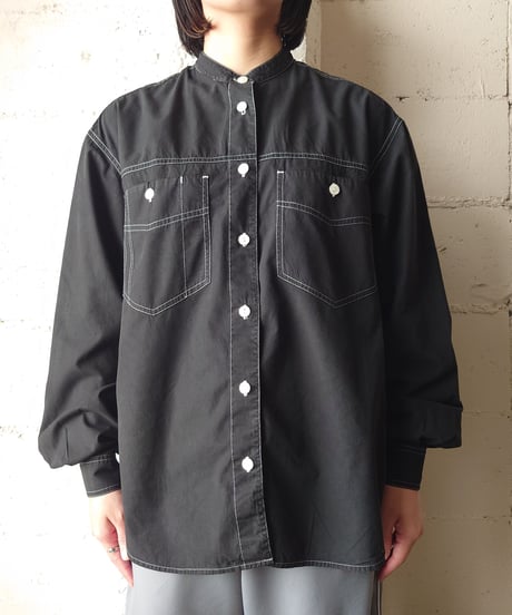 White Stitch Band Collar Shirt BK