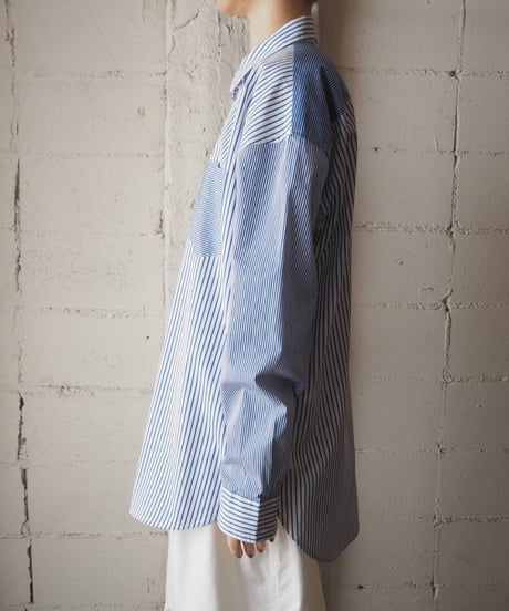 LAUREN Stripe Switching Shirt BL WH