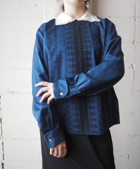1960's Euro Lace Collar Embroidery Blouse NV WH