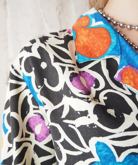Flower Pattern Shortsleeve Rayon Shirt BK