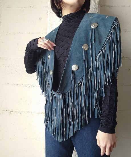 Concho Fringe Leather Cape BL