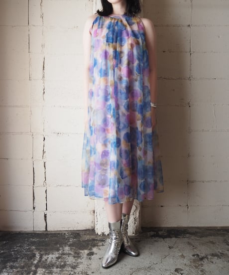 1970's Flower Pattern Sheer Layered Dress WHBLPUR