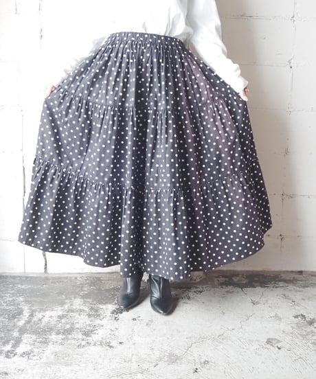 Dot Tiered Long Skirt BK WH
