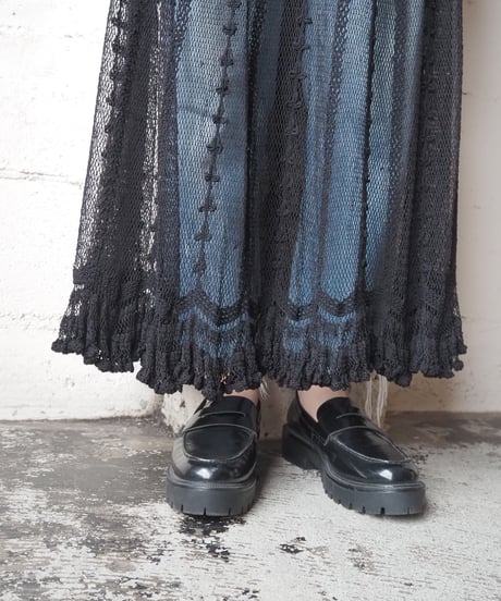Mesh × Lace Volume Flared Skirt BK