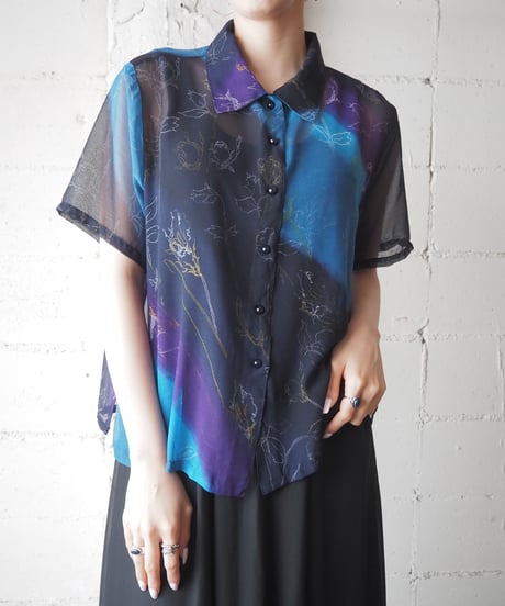 S/S Floral Sheer Shirt BK PU BL