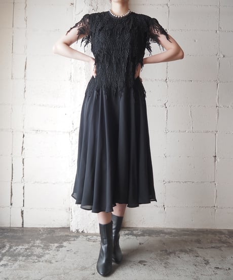 Tiered Lace Bodice×Sheer Skirt Dress BK