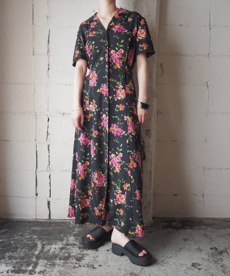 S/S Flower Pattern Open Collar Dress BKPI