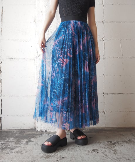 MSGM Botanical Print Tulle Pleats Skirt BL PK