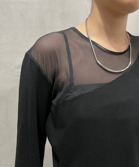 Sheer Switching Crew Neck Bodysuit BK