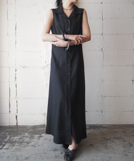 Back Cross Design Open Collar Linen Dress BK