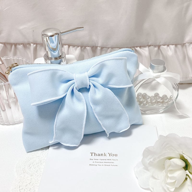 メイク品がひと通り入る♪】バイカラーリボンが可愛い♡フラットポーチ 