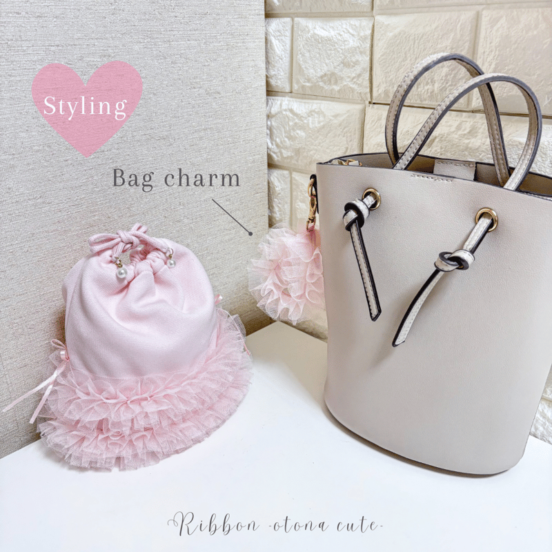 チュールフリル リボン巾着ポーチ｜ベビーピンク × ライトピンク