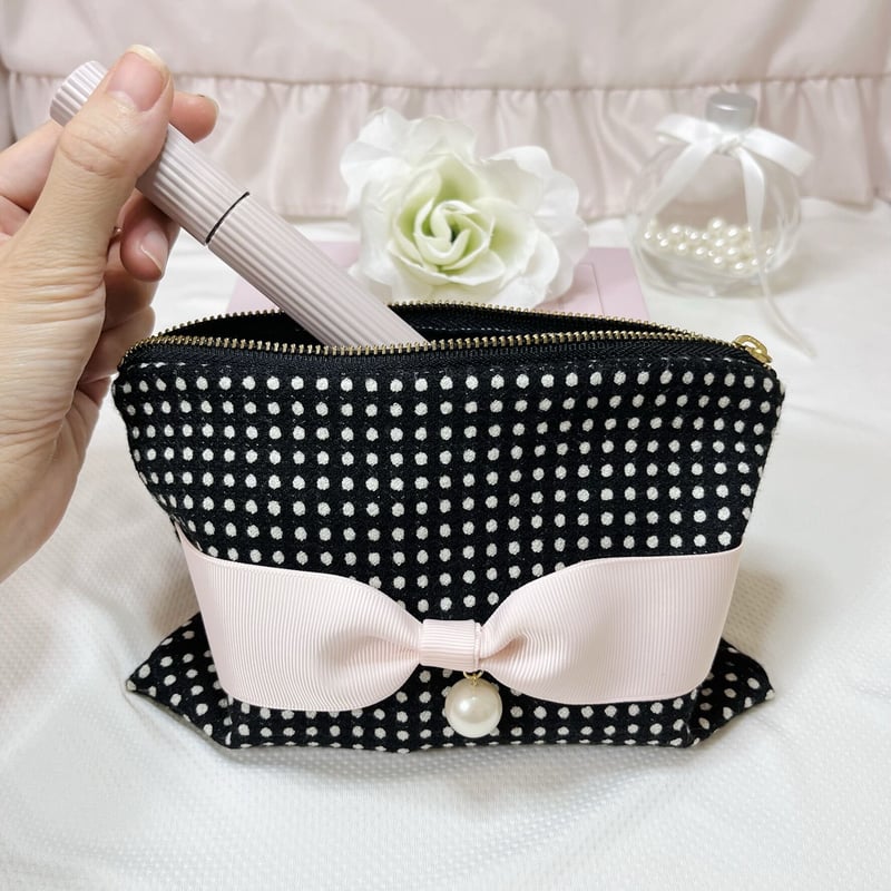 お薬手帳が入るサイズ】シンプルリボンと大粒パールがおしゃれ感