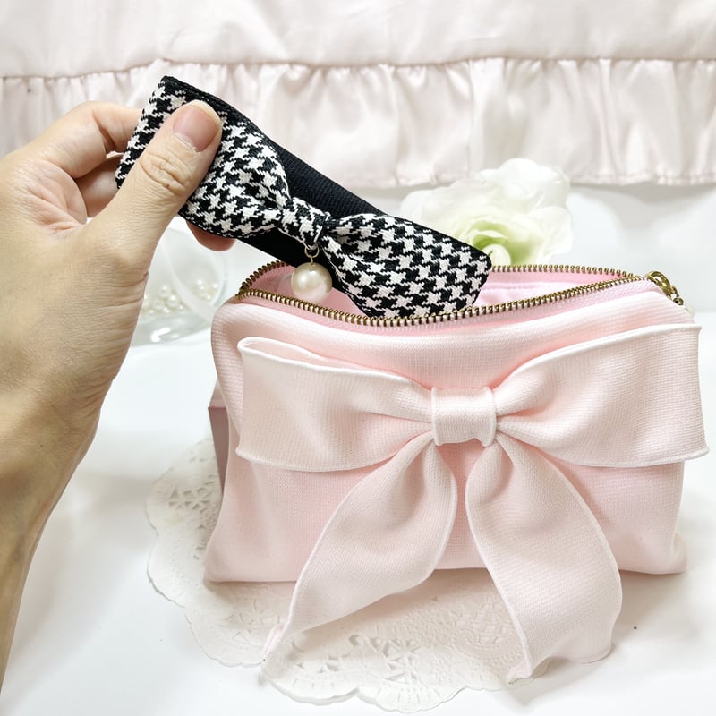 千鳥格子】大粒パールチャーム付きリボンが大人可愛い リップケース