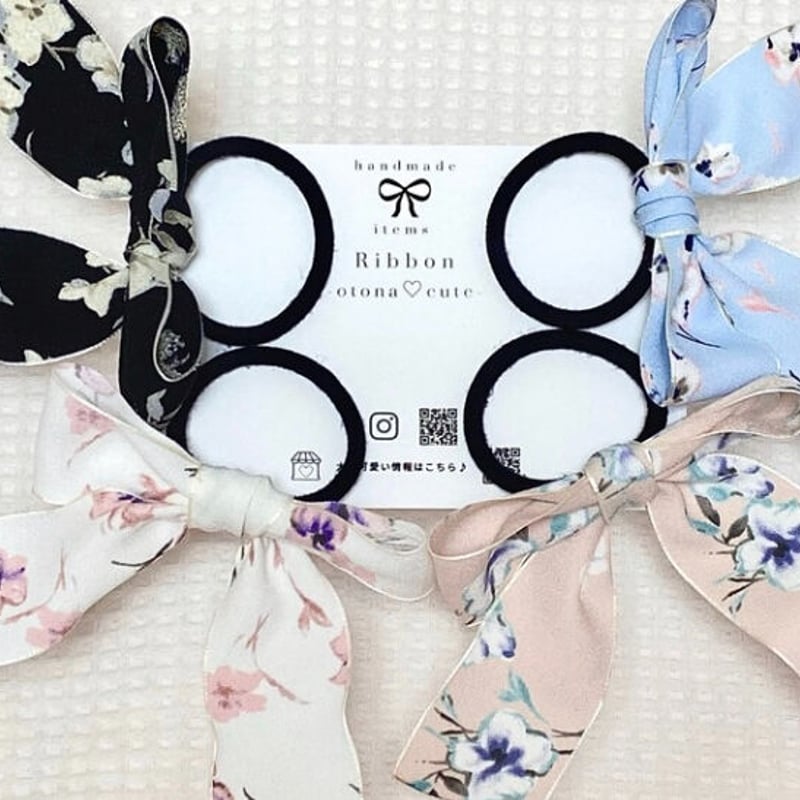 ハンドメイド ヘアゴム 青色 レース模様 リボンヘアゴム♡カノンリボン