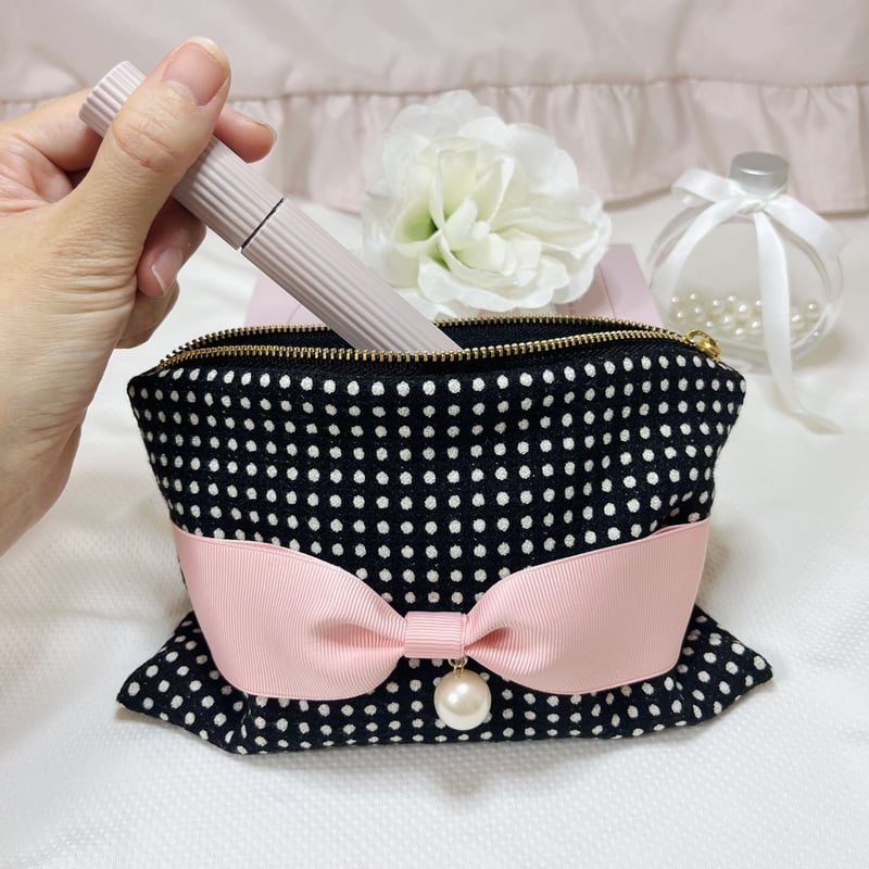 お薬手帳が入るサイズ】シンプルリボンと大粒パールがおしゃれ感