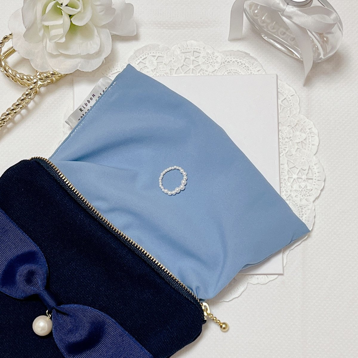 メイク品がひと通り入る♪】 大粒パール付き♡グログランリボンの大人  