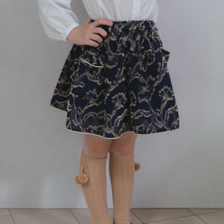 Piping gather skirt / navy jacquard