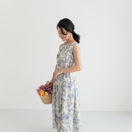 ladies Sleeve less gather dress / toile de jouy - vanilla