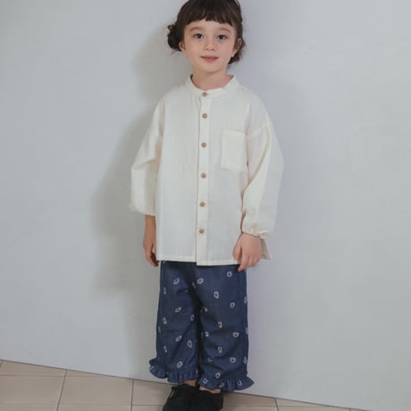 Frill sabrina pants / blue denim flower