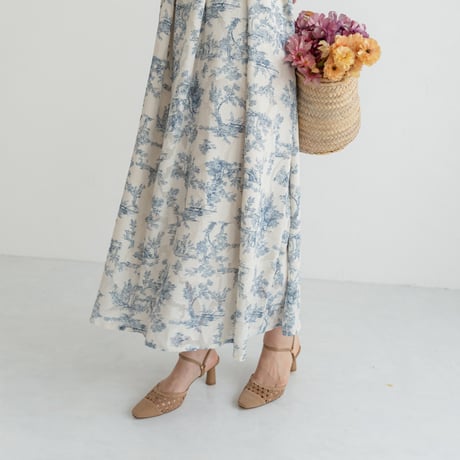 ladies Sleeve less gather dress / toile de jouy - vanilla