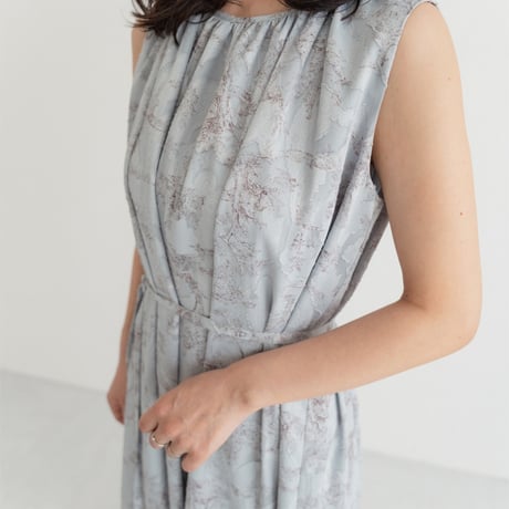 ladies Sleeve less gather dress / toile de jouy - blue