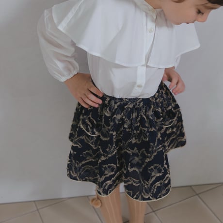 Piping gather skirt / navy jacquard