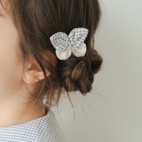 Fabric butterfly clip 2pc set / Grey gingham & Cream