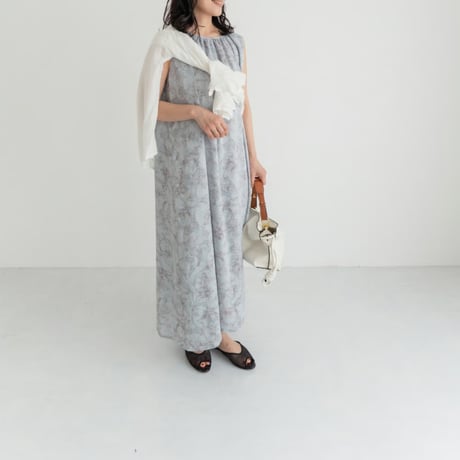 ladies Sleeve less gather dress / toile de jouy - blue