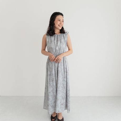ladies Sleeve less gather dress / toile de jouy - blue