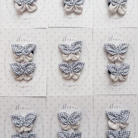 Fabric butterfly clip 2pc set / Grey gingham & Cream