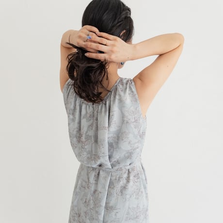 ladies Sleeve less gather dress / toile de jouy - blue