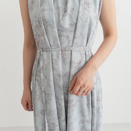 ladies Sleeve less gather dress / toile de jouy - blue