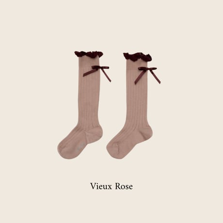 Collegien / Domitille - Ribbed Knee-high Socks with Lace and Bow